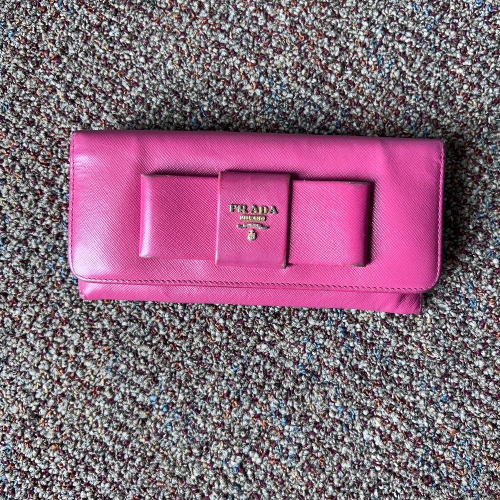 Prada pink saffiano leather bow front wallet long large snap multiple slots